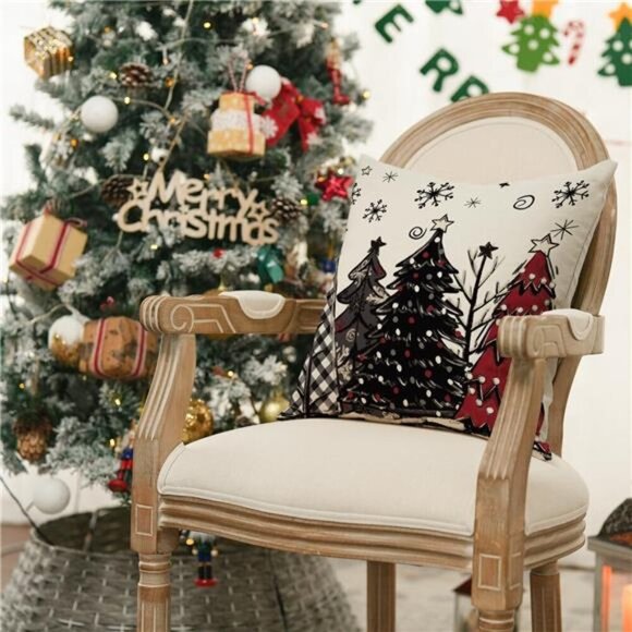 Merry Christmas Joy Xmas Trees Red Throw Pillow Covers, 18 x 18 Inch - Picture 5 of 14